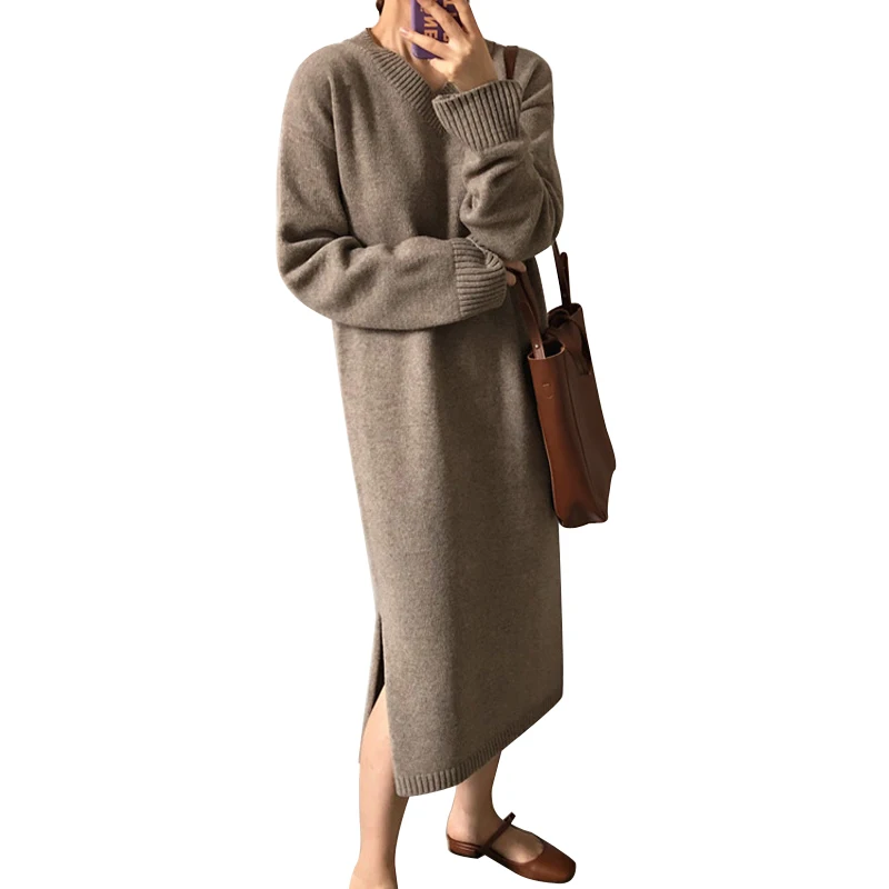 

V-Neck Sweater Dress Women Autumn Winter Long Sleeve Split Knitted Pull Dress Long Maxi Dress Vestidos Mujer Black Sweater Dress