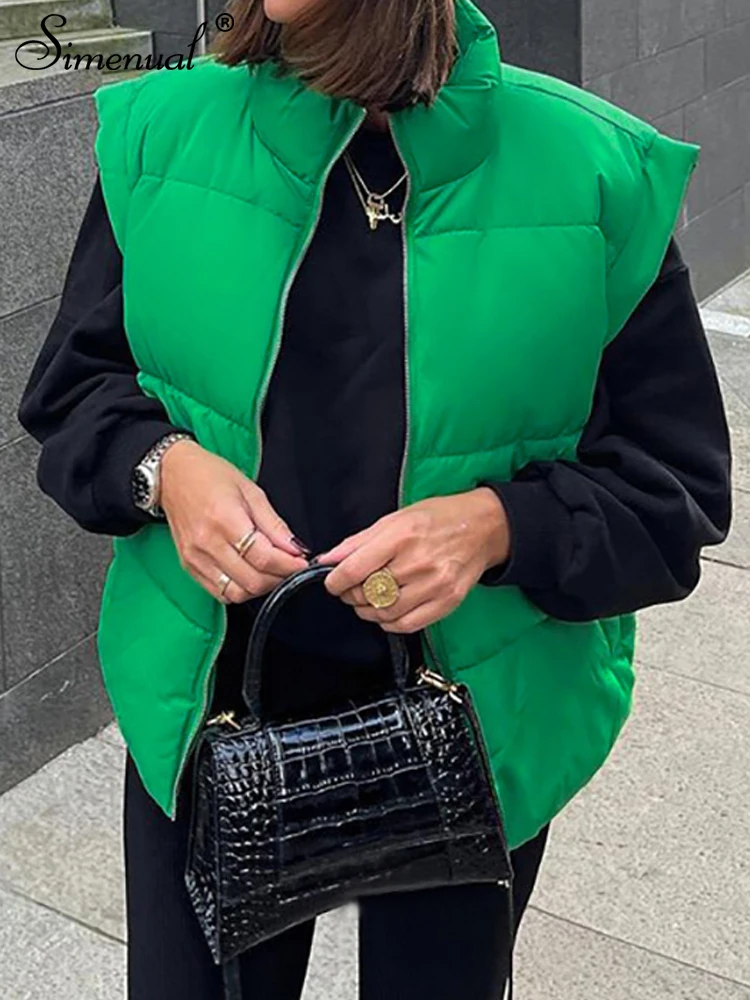 

Simenual Zip Up Sleeveless Padded Coats Winter Puffer Green Women Athflow Parkas Vest Fashion Warm Solid Streetwear Outerwear