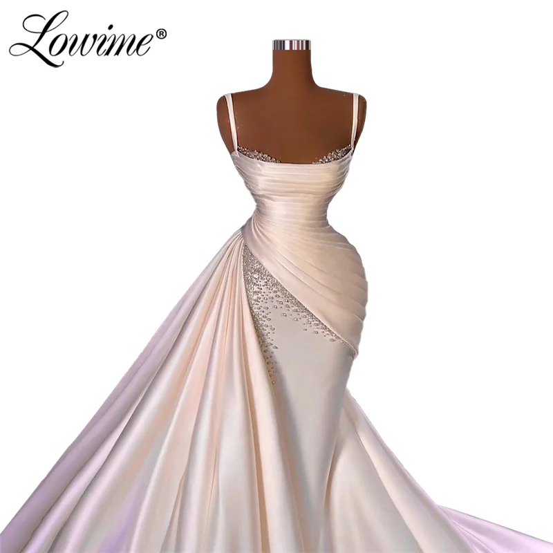 Lowime Elegant Spaghetti Straps Dress Beaded Mermaid Party Dresses Plus Size Beading Evening Dress Dubai Arabic Prom Dress Long