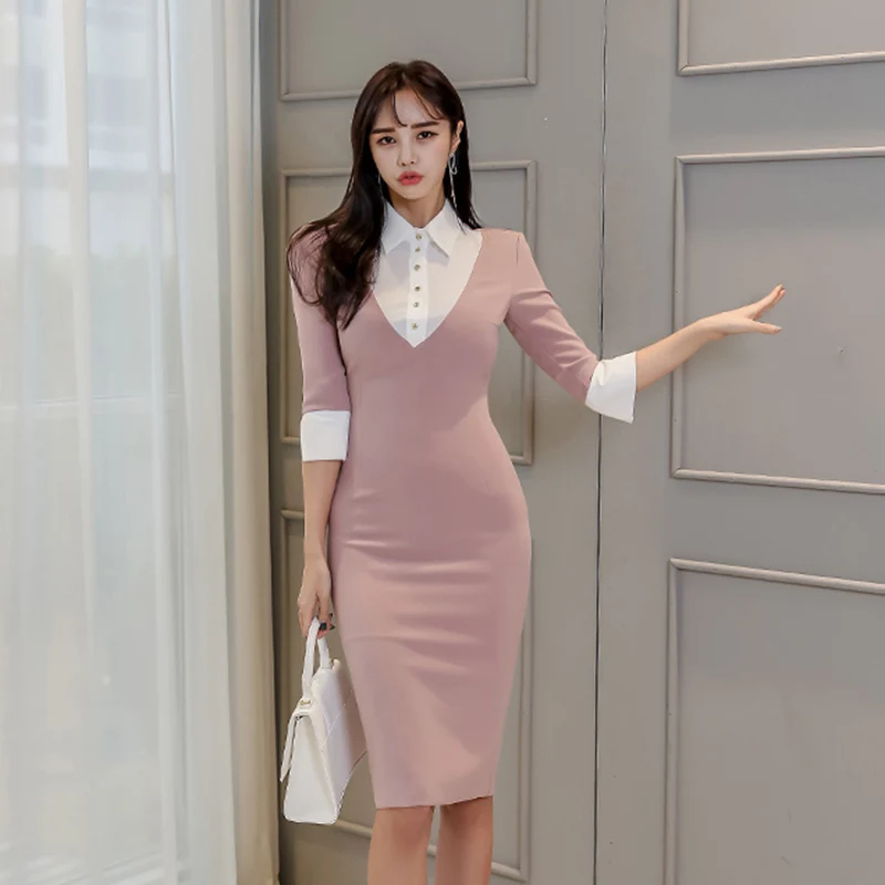 Платье-рубашка женское средней длины однотонное облегающее офисное однобортное