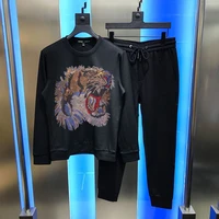 tiger hot diamond shiny black hip hop streetwear cotton fabric top sweatshirt pants track suit mens sets oversized hoodie
