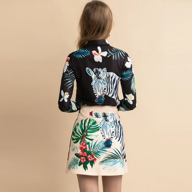 Red Roosarosee Designer Women 2 Piece Set Spring Summer Animal Print Sequins Long Sleeve Blouse Top+ Skirt Fashion Lady Suit