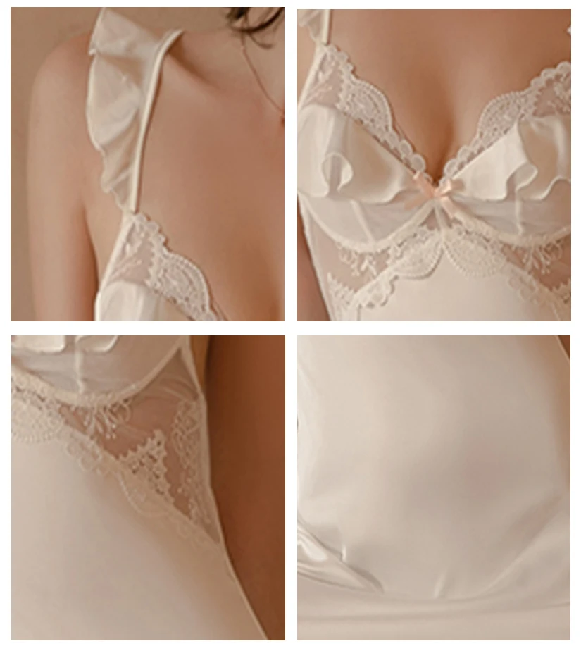 

Sexy Home Clothes Hollow Embroidery Women's Pajamas Lace Edge V-Neck Backless Women Underwear Ruffle Shoulder Strap Night Dress