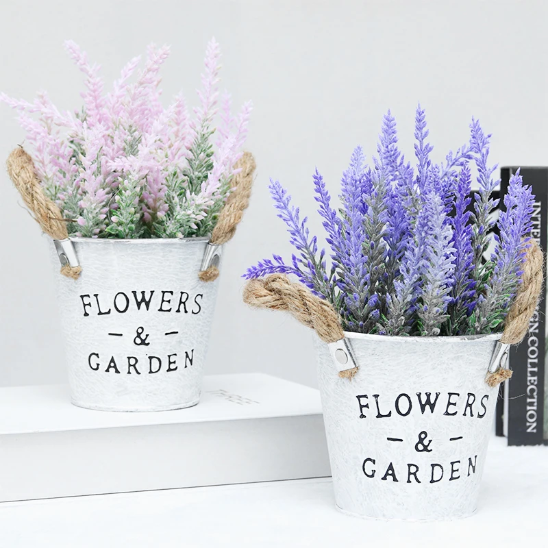 

Nordic Wedding Decor Simulation Dried Flowers Metal Pail Pink Purple Lavender Flowers Art Romantic Flower Sea Party Supplies