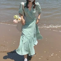 2021 summer flower elegant dress women casual boho bandage midi dress female beach short sleeve one piece dress korean sweet