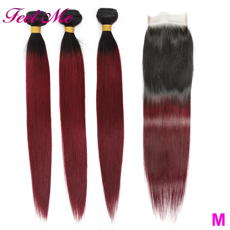 Омбре человеческие волосы 3 пряди с закрытием 1B/99J Бургундия бразильские прямые