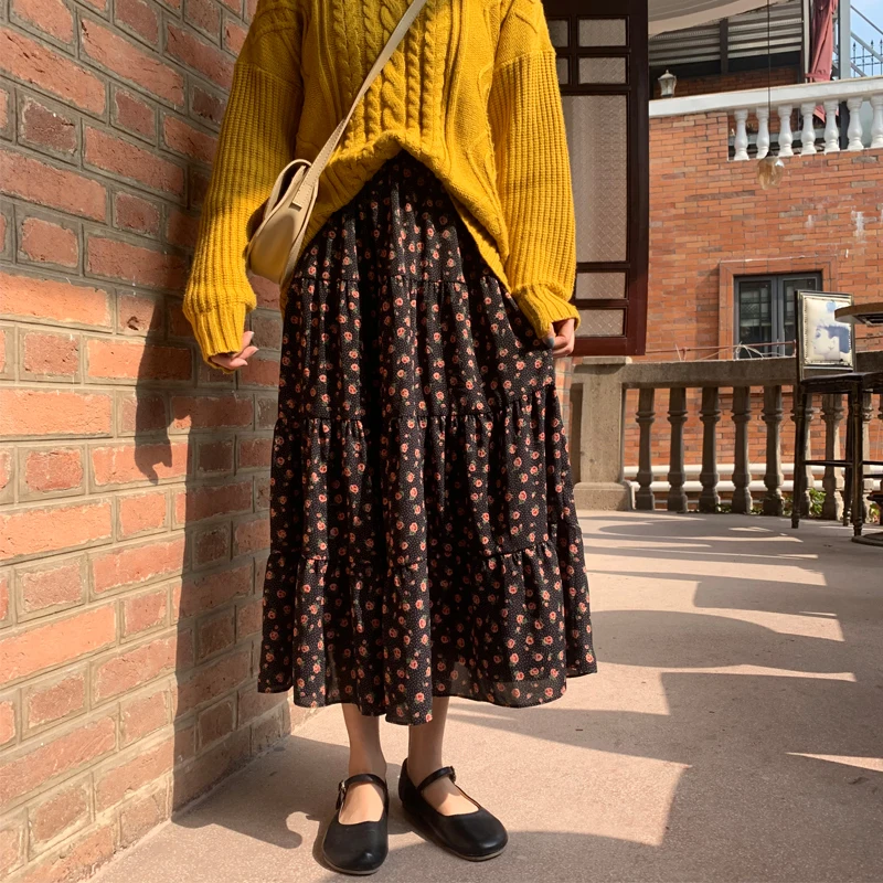 

2020 New Cake Skirt For Women Floral Chiffon Elegant High Waist Thin A-Line All Match Casual Sweet Female Office Lady