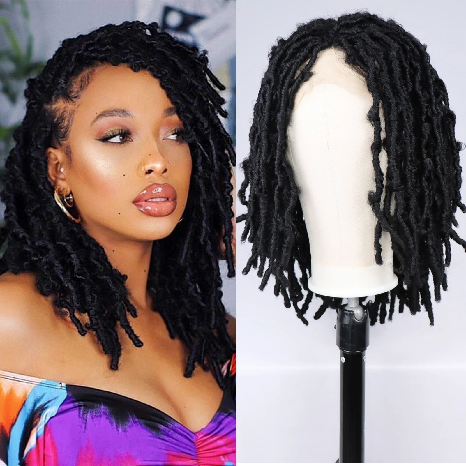 Butterfly Messy Nu Faux Locs Crochet Hair Wig 14 inch Synthetic Lace Front Wigs Passion Twisted Braids Hair Wigs for Black Women