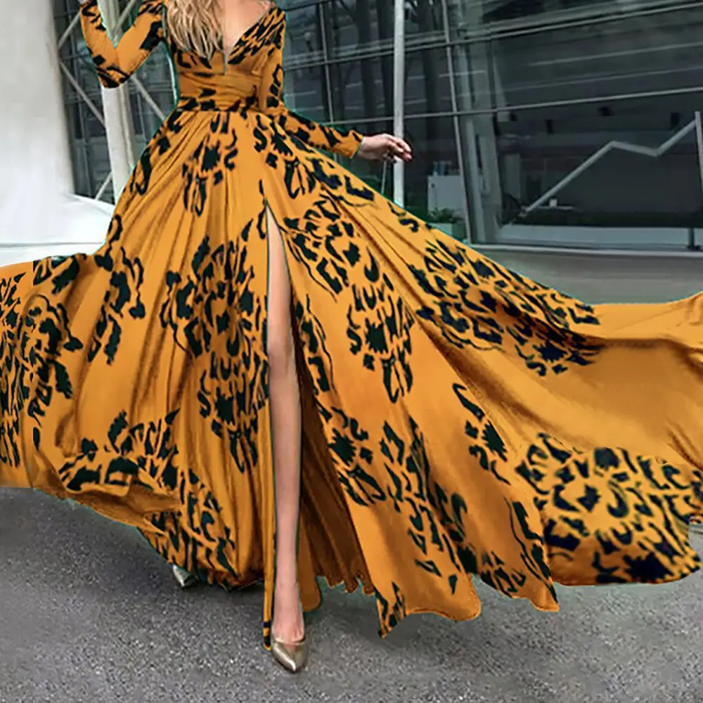 

2021 Autumn Dress for Women Sexy Deep V-Neck Print A-LINE High Split Long Sleeve Evening Dresses for Women Donsignet
