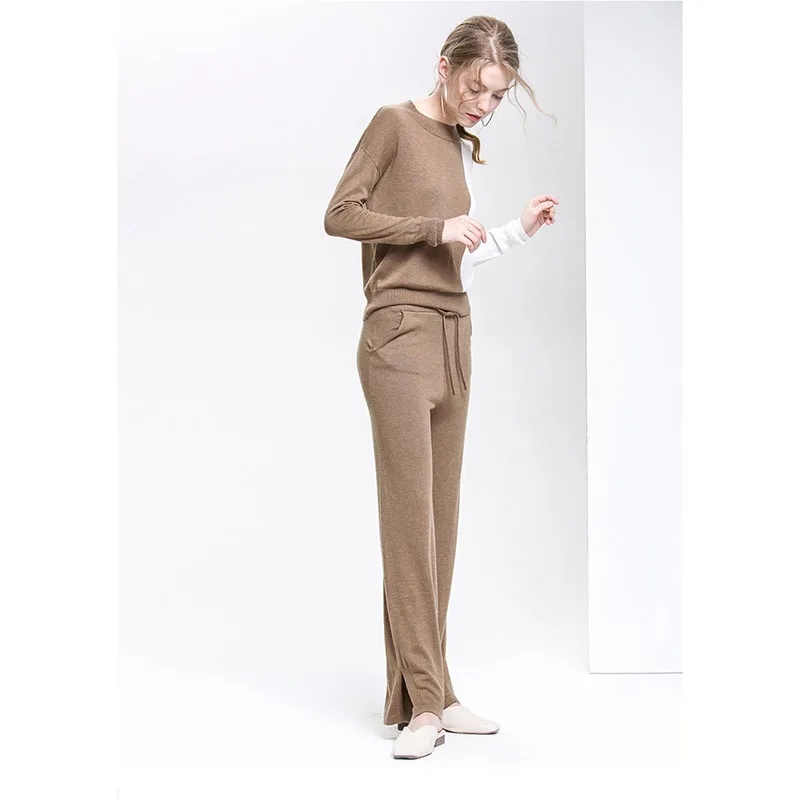 

HARLEYFASHION Sports & Casual Knitted 2 Piece Sets Women Clashing Color Spliced Wool Pullover And Straight Split Wide Leg Pants
