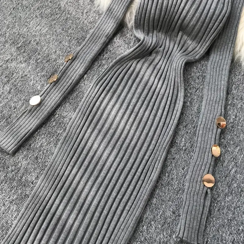ALPHALMODA французское платье Популярные пуговицы рукав пуловеры туника платье вязаный свитер платье сплошное v-образным вырезом сексуальное платье шаг
