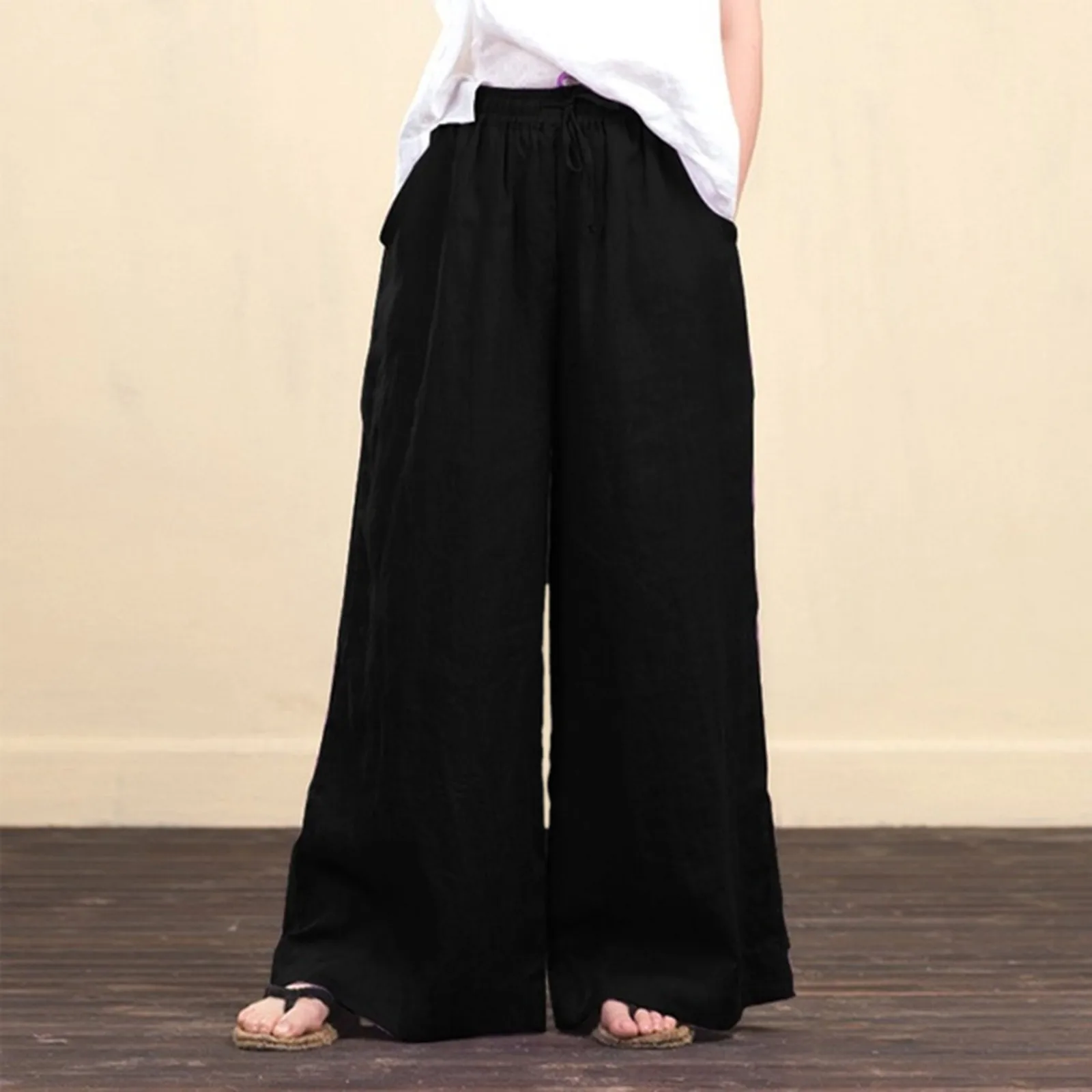 

Fashion Full Length Wide Leg Pants Casual Loose Elastic Waist Solid Color 2021 New Summer Clothes Pockets Women Pants