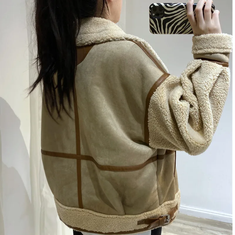 New Winter Women Thick Vintage Splice Suede Jacket Coat Loose Warm Lambswool Biker Outwear Female Oversize Faux Leather Overcoat