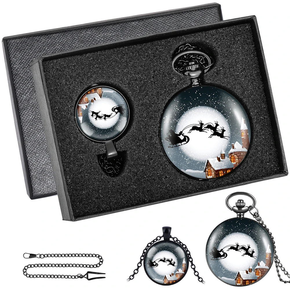 2021 Christmas Pocket Watch Gifts Set Men's Quartz Flip Pendant Watch Ladies Necklace Clock Gift with Box for Husband Dad