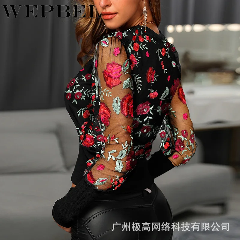

WEPBEL Women Spring Autumn Lace Patchwork Floral Embroidery Knitted Shirt Top Lady Elegant Long Puff Sleeve O Neck Loose T-shirt
