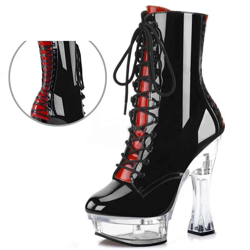 Black Women Nightclub Pole Dance Boots Winter Novelty Clear Platform Tube Patent Leather Gothic Women14cm Heels Boots