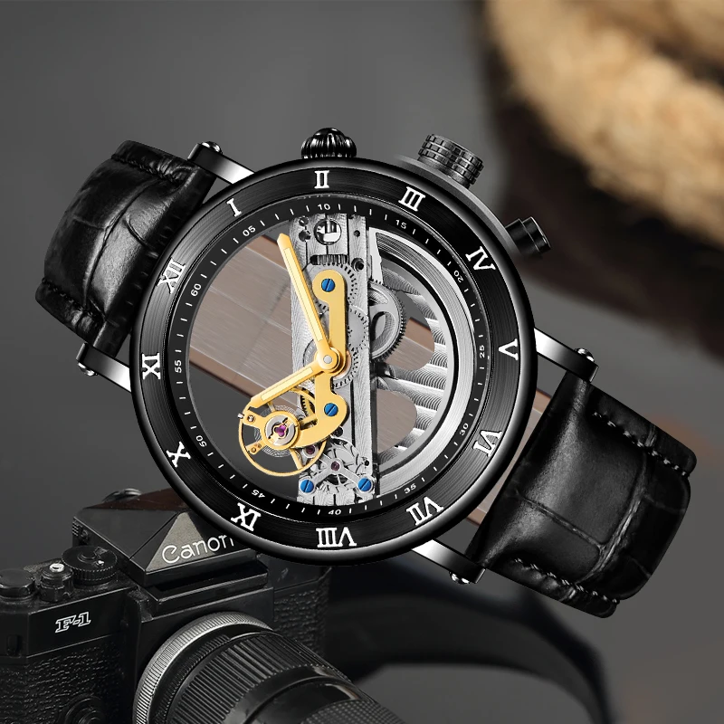 Forsining Double Side Transparent Automatic Men Watch Top Brand Luxury Skeleton Black Leather Wristwatch Relogio Masculino | Наручные