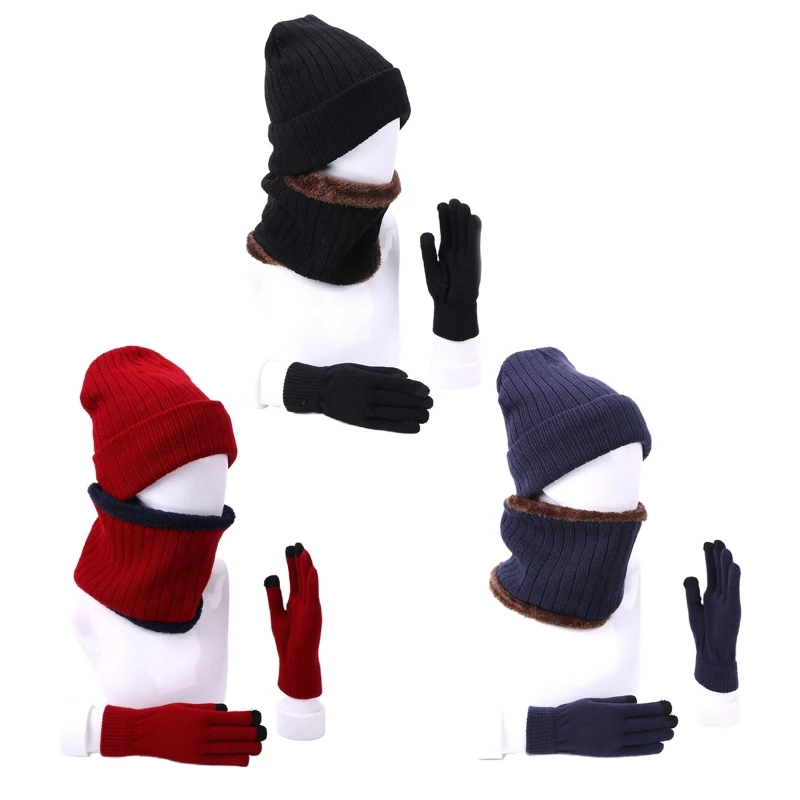 

Unisex 3Pcs Beanie Hat Infinity Circle Scarf Touchscreen Gloves Set Winter Knit Plush Lined Skull Cap Neck Warmer Mitten