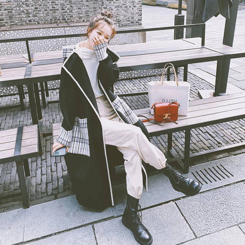 

Black woolen coat women's mid-length autumn and winter new style Korean loose thicker college style woolen coat women trendy