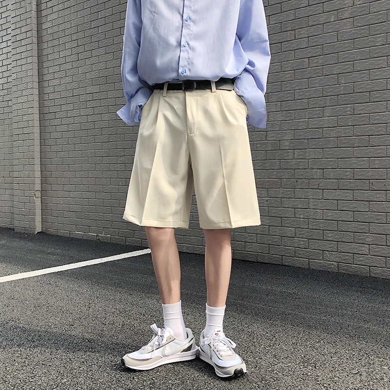 

Kpop Men Suit Shorts Beige Black Straight Short Pants Summer Knee Length Thin Solid Young Clothing Streetwear Casual Mens Shorts