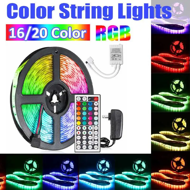 16/20 цветная светодиодная лента RGB 5050 SMD 2835 гибкая светодиодная лента световой полосы RGB 5 м лента DC 12V+ пульт дистанционного управления+ адаптер