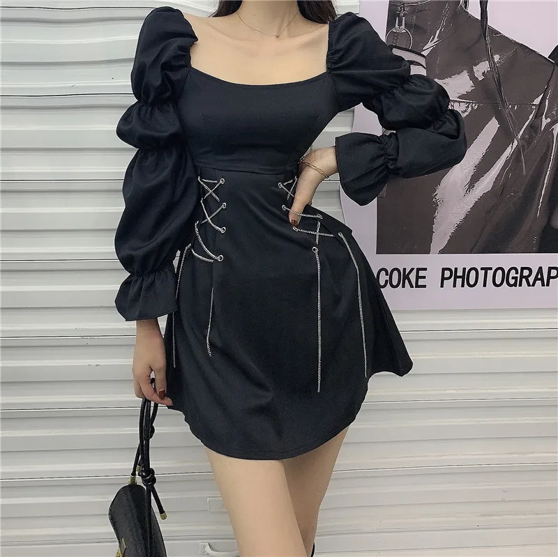 

2021 New Vintage Gothic Style Black Dresses Punk Bandage Puff Sleeve Pleated Women Dress A-line Patchwork Square Neck Clubwear
