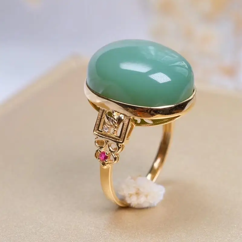 

Designer original natural Hetian jade unstructured pink green opening adjustable ring elegant retro luxury ladies jewelry