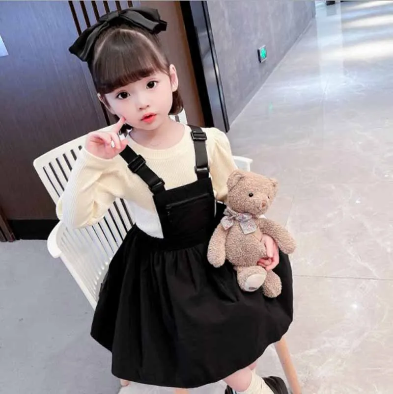 

Cultiseed Girls Children Cute Sweet Puff Sleeve Basic Top+Strap Dress 2pc Sets Clothing Baby Kids Autumn Newest Casual Gowns