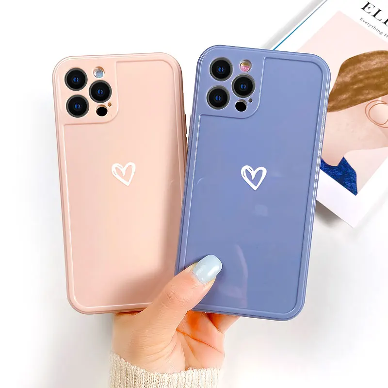 

Love Heart Phone Case For iPhone 11 12 Pro 7 8 Plus X XR XS Max SE 2020 Candy Color Glossy Soft TPU Back Cover Camera Protection