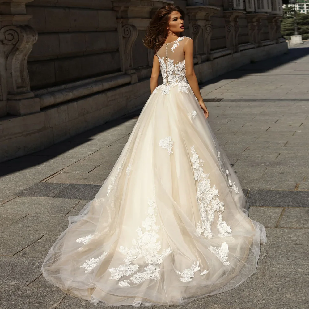 Сексуальное свадебное платье Robe De Mariee Sheer Совок Аппликация цветок Свадебные