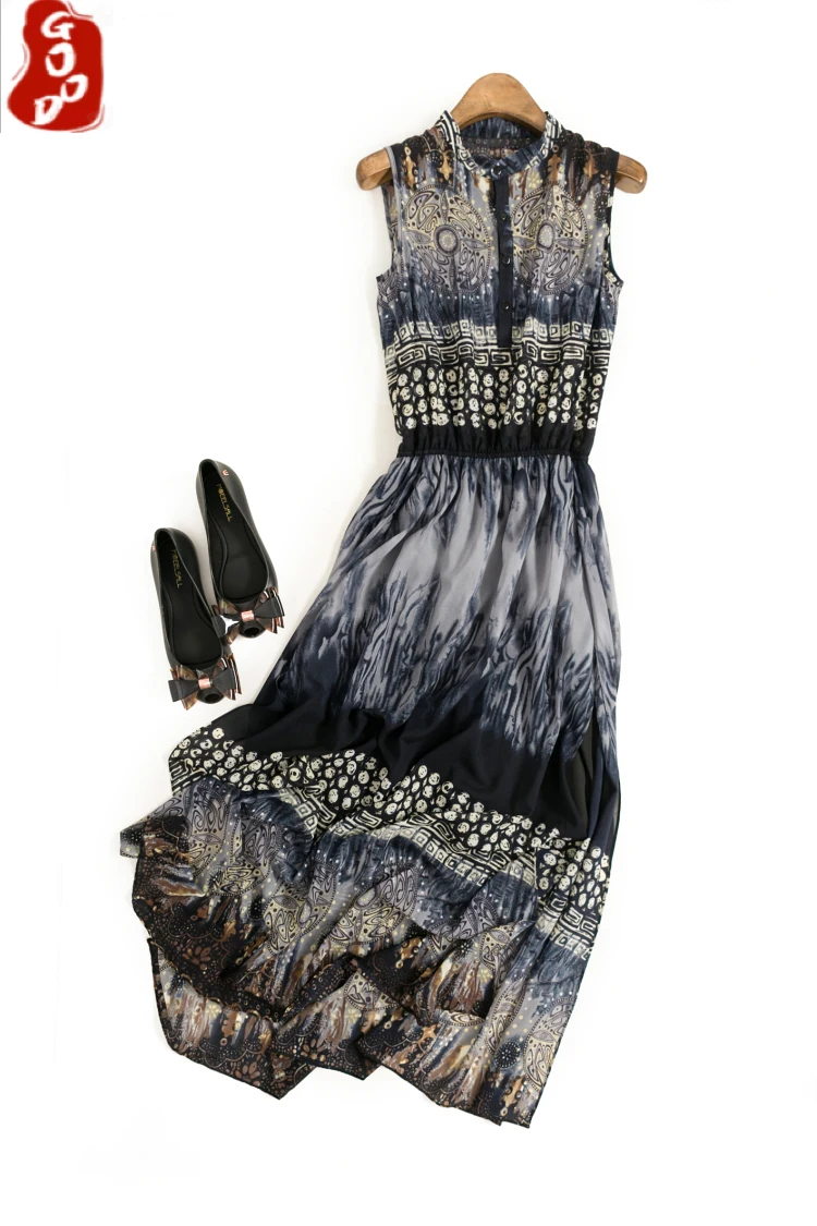 

Summer Women's Dress 2021 Vintage Boho Chiffon Print Sleeveless Maxi Woman Dresses Elegant Part Evening Vestido De Mujer