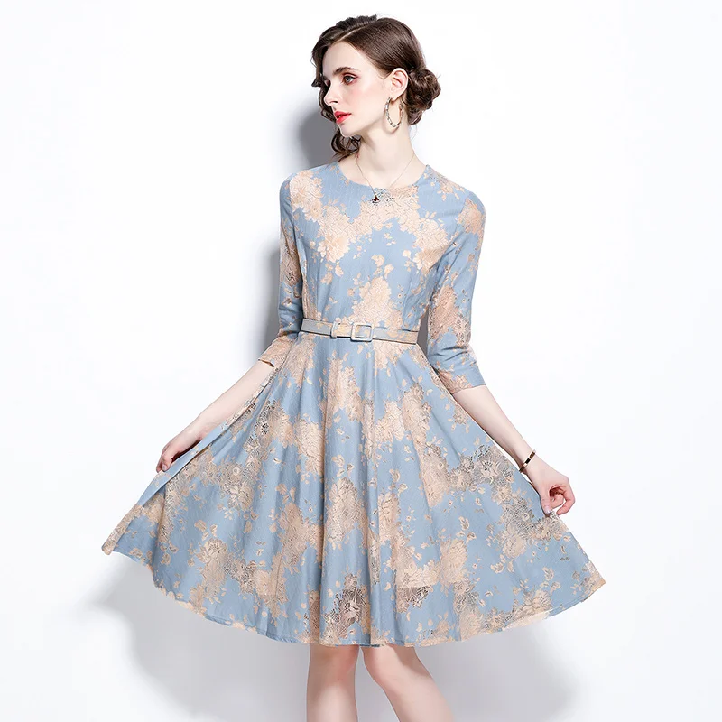 

Willstage Lace Embroidery Dress Floral Mesh A-line Elegant Dresses For Women 2021 Summer With Belt Vintage Vestidos