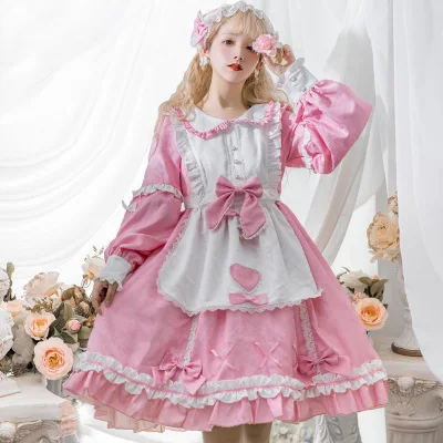 

На осень-весну, OP в готическом стиле; В Стиле Лолита; Придворное платье розового и синего цвета резинка для волос с бантом с длинными рукавам...