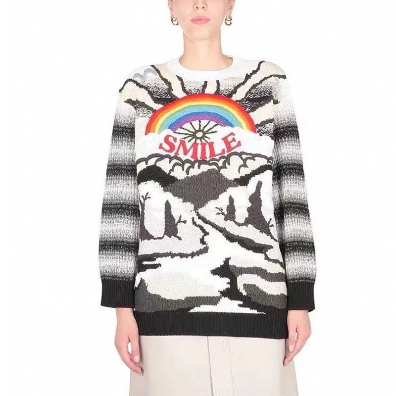 

2021 new women's three-dimensional rainbow letter logo jacquard embroidery round neck Pullover Sweater (including 60% wool)