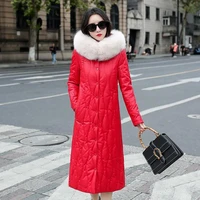 new women leather down coat autumn winter 2022 fashion thick warm real fox fur collar hooded loose long sheepskin down jacket