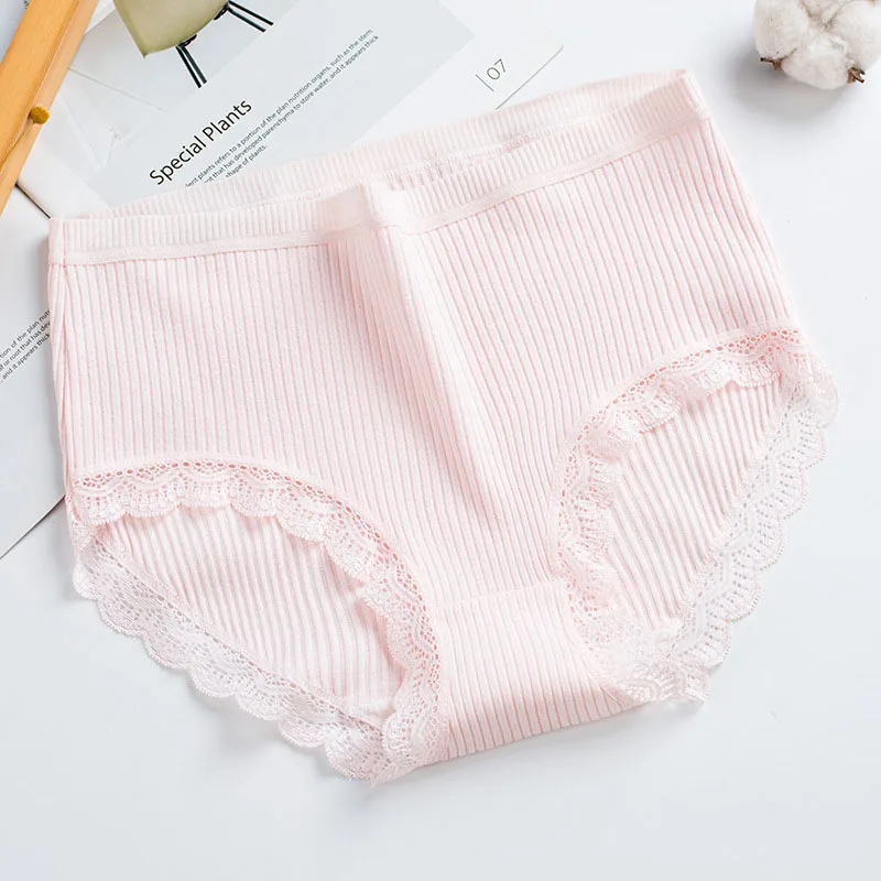 

2020 popular women's thread underpants women's new high waist cotton crotch large lace hem antibacterial underwear briefs
