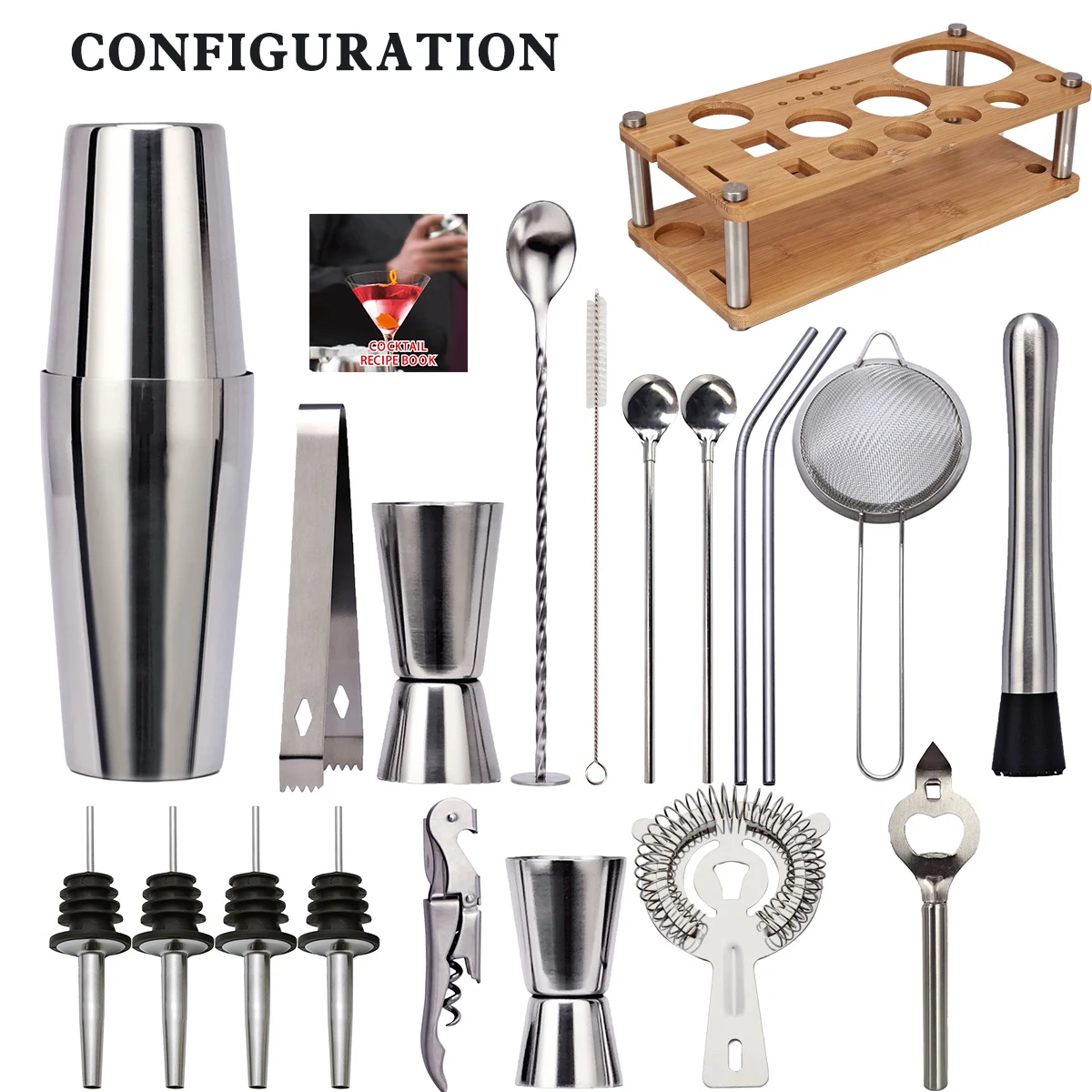 Набор бармена набор из 20 коктейльных шейкеров со съемной бамбуковой подставкой
