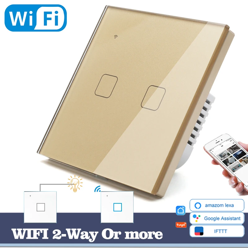 WIFI сенсорный светильник настенный выключатель Золотое стекло синий светодиод