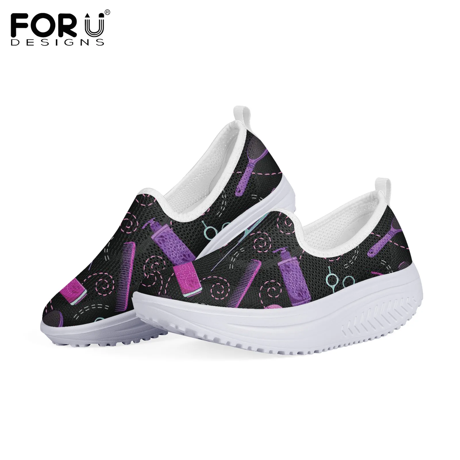

FORUDESIGNS Beauty Hairdresser Pattern Summer Flats Platform Swing Shoes Platform Women Breathable Mesh Height Increasing Shoes