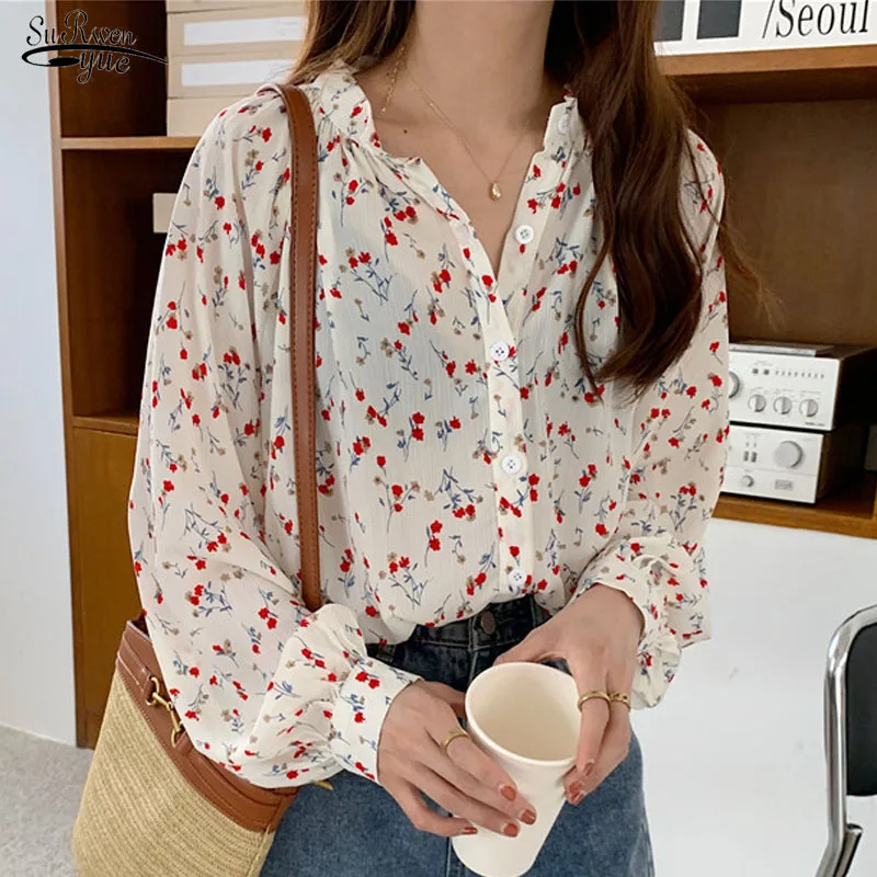 

Blusas 2020, осенние женские рубашки с цветочным принтом и пышными рукавами, повседневные свободные шифоновые блузки размера плюс, женские карди...
