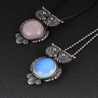 unisex men women owl pendant necklace natural opal crystal tiger eyes stone boho necklaces fashion sweater necklace jewelry gift