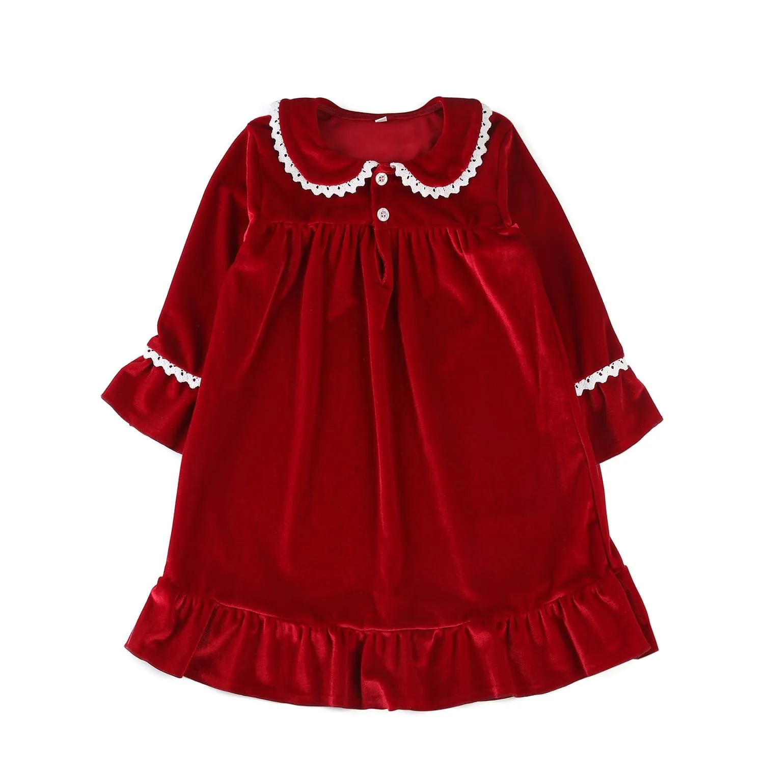 Classic Red Christmas Velvet Nightdress Kids Long Sleeve Thick Pyjamas Infant Girls Frill Night Gown