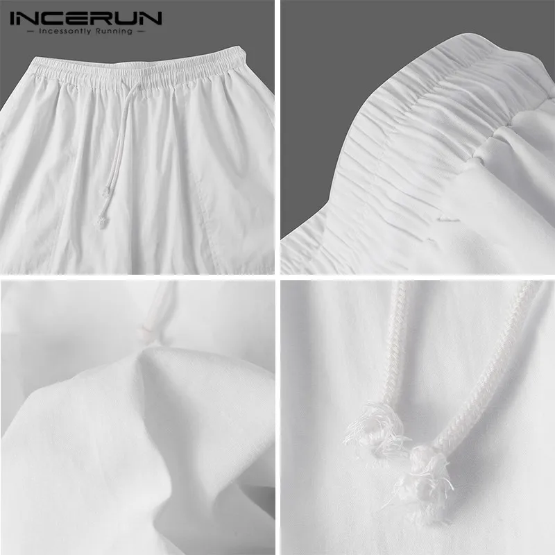 

Men Leisure Wide Leg Pants INCERUN Solid Color Vintage Drawstring Trousers 2021 Fashion Cotton Loose Pantalones Streetwear 5XL 7