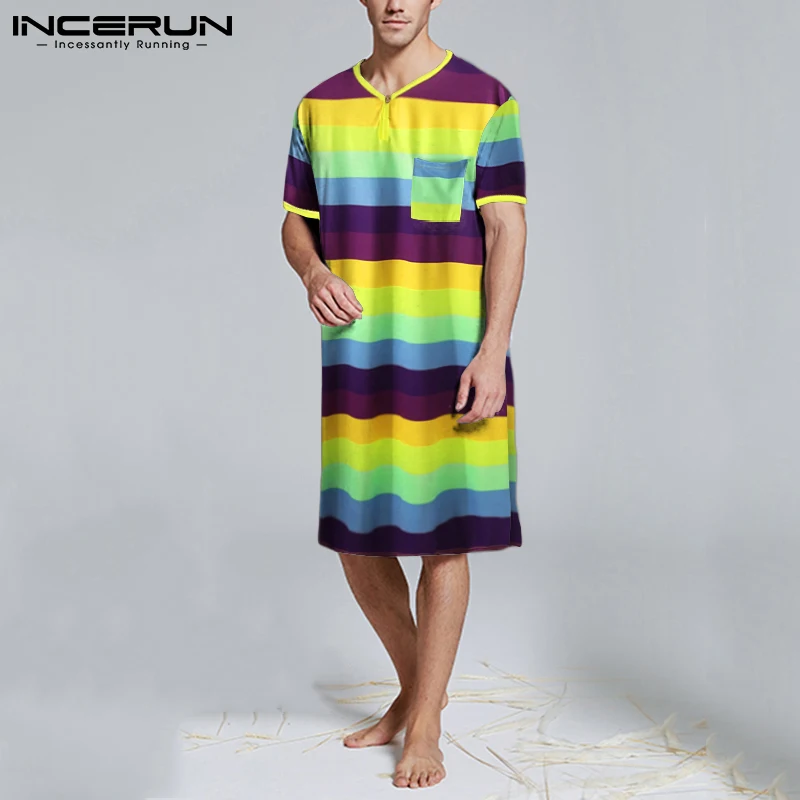 

Ночнушка INCERUN мужская с круглым вырезом, модная ночная сорочка в полоску с короткими рукавами, домашний халат в стиле пэчворк, разные цвета, ...