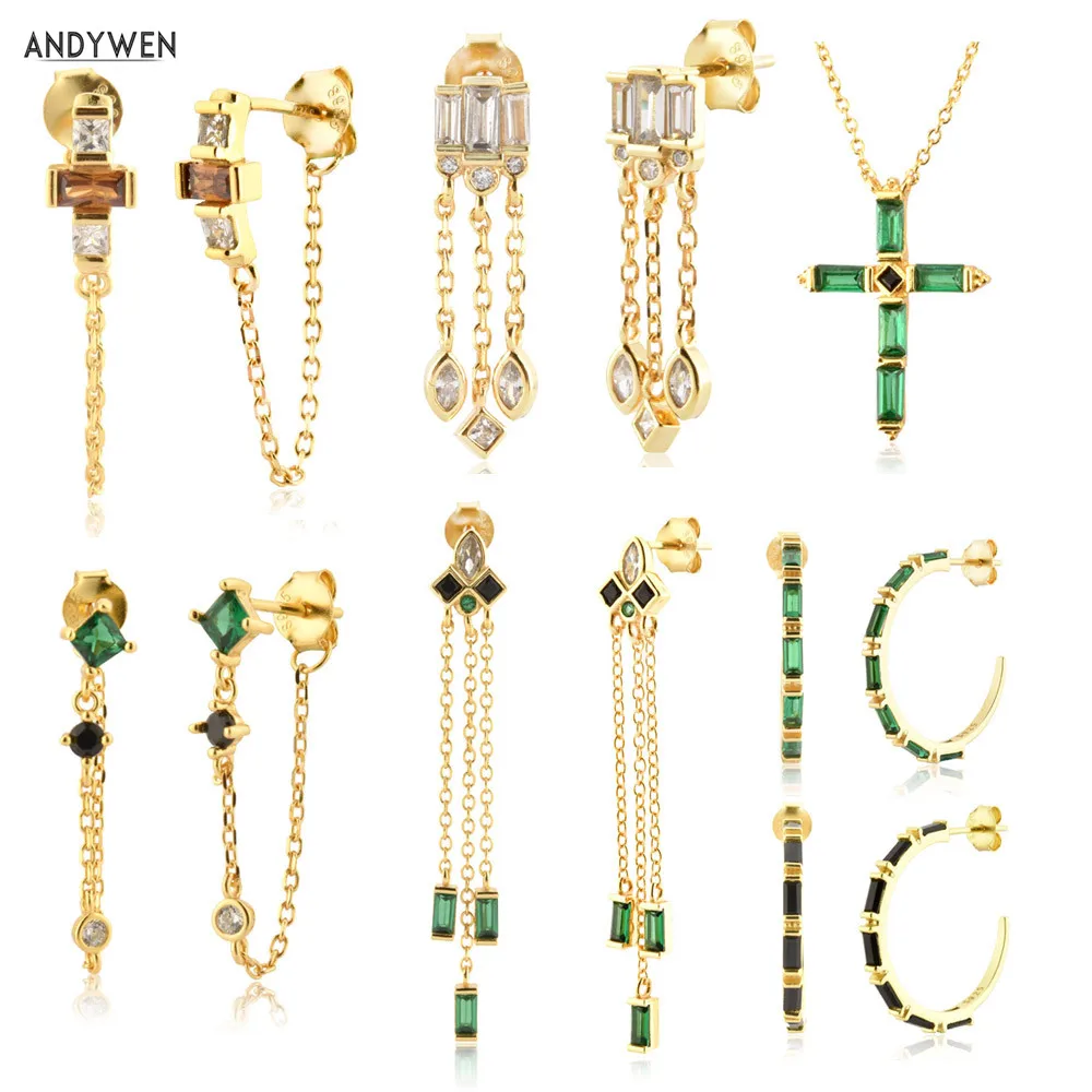 

ANDYWEN 925 Sterling Silver Gold Green Black Zircon Chain Earring Piercing Necklace Ring Jewelry Set Anillo Fino Sabrina Zircon