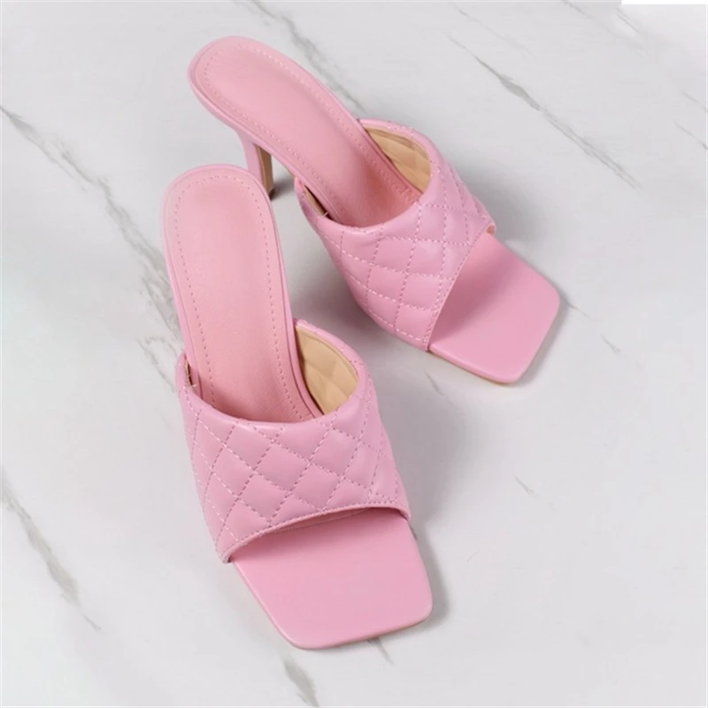 

Women's shoes slippers 2021 summer new candy color fashion high-heeled square pattern outer wear high-heeled women's slippers