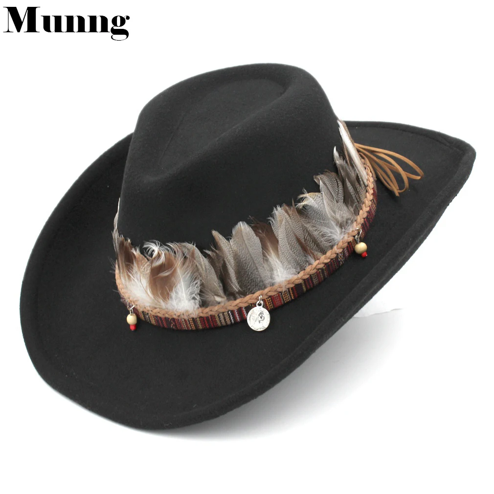 

Munng Men Women Western Cowboy Hat Jazz Top Sombrero Godfather Churh Cowgirl Cap Wool Blend Wide Brim Indian Feather Band