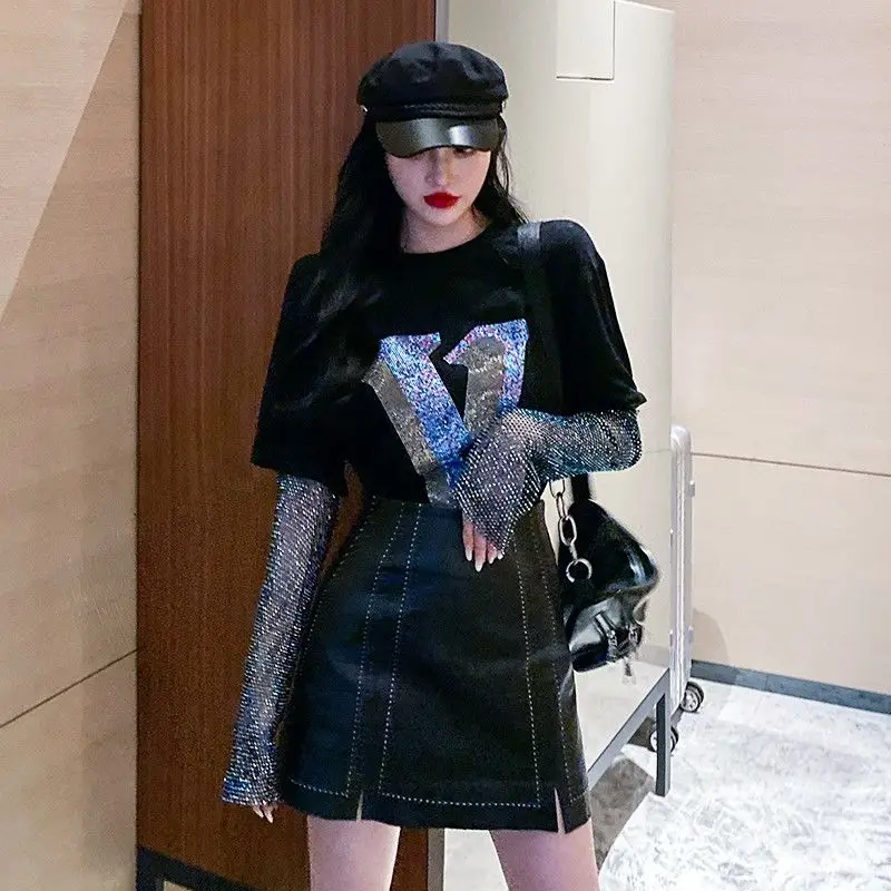 

Oversized T-shirt Red New Same Heavy Industry Ironing Diamond Shining Sleeve Fake Two Loose Super Hot Ins Net Round Neck Female