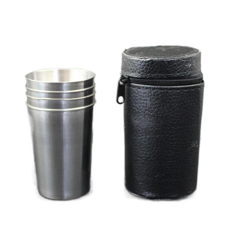

4Pcs/Set 70Ml Stainless Steel Coffee Cup Portable Coffee Wine Cup Outdoor Camping Travel Mug Cup Set with Leather Case