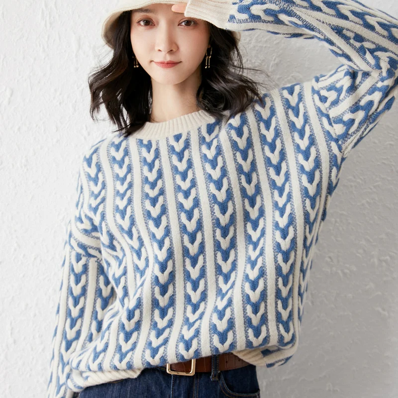 

2021 Winter New 100%Wool Color-Blocking Top Women's Large Size Loose Thick Knit Cashmere Sweater Twisted O-Neck Wild Base Shirt